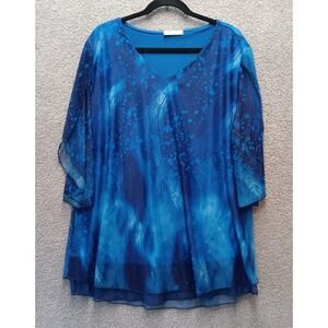 Sese Code Women's XXL Blue Sheer Overlay Blouse Abstract V Neck Layered Top Arty